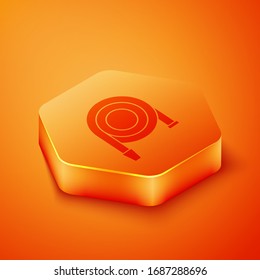 Isometric Fire hose reel icon isolated on orange background. Orange hexagon button. Vector Illustration