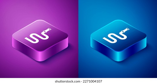 Isometric Fire hose reel icon isolated on blue and purple background. Square button. Vector