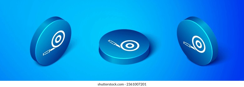 Isometrisches Feuerlöschschlauch-Symbol einzeln auf blauem Hintergrund. Blauer Kreis-Knopf. Vektorgrafik