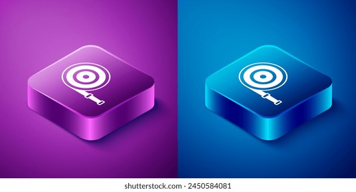 Isometric Fire hose reel icon isolated on blue and purple background. Square button. Vector