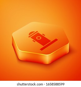 Isometric Fire hydrant icon isolated on orange background. Orange hexagon button. Vector Illustration