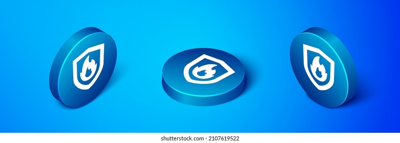 Isometric Fire protection shield icon isolated on blue background. Insurance concept. Security, safety, protection, protect concept. Blue circle button. Vector