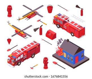 Isométrica seguridad contra incendios, ilustración vectorial del equipo de bomberos. Equipo rojo del servicio del departamento de bomberos, coche de extinción de incendios o motor de bomberos, helicóptero y extintor, 3d aislado en blanco