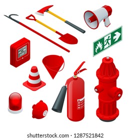 Isometric Fire safety and protection. Flat icons extinguisher, hose, flame, hydrant, protective helmet, alarm, axe, shovel, conical bucket and exit sign. Vector illustration