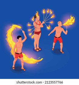 Isometric fire show male and female performers isometric vector illustration