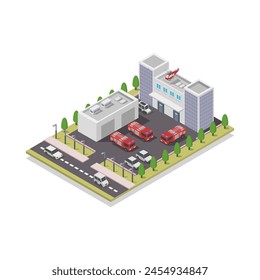 Isometric fire station building illustrated in vector