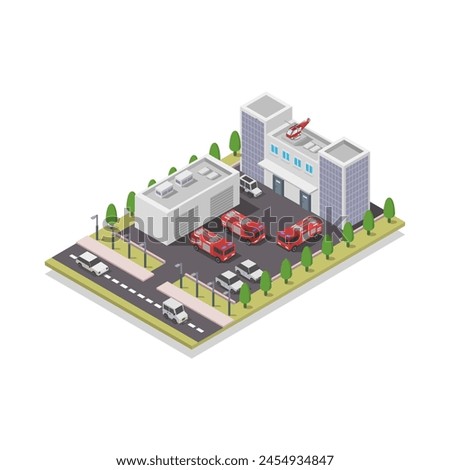 Isometric fire station building illustrated in vector