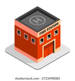 Edificio isométrico de la estación de bomberos. Diseño sencillo y limpio. Aislado sobre fondo blanco. Estilo plano