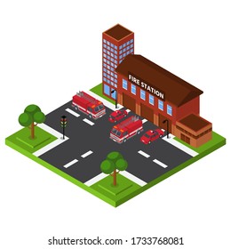 Isometric fire station, emergency department building, red truck rescue service, design, cartoon style vector illustration. Modern vehicle for extinguishing fire in homes, fire brigade vehicles