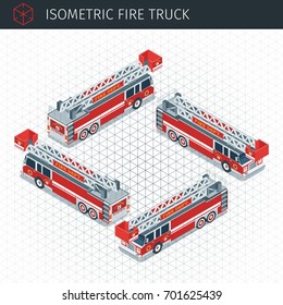 Isometric Fire Truck. 3d Vector Transport Icon. Highly Detailed Vector Illustration