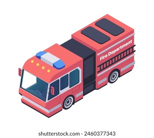 Isometric fire truck illustration in vibrant red and black colors on a light background, depicting emergency services. Vector illustration isolated on white background