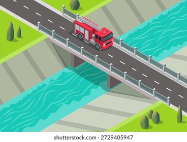 Camiones de bomberos isométricos cruzando el puente