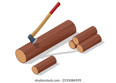 Madera de fuego isométrica y hacha vieja. Recurso renovable de una energía. Cosechar leña. Hacha de metal con mango de madera.