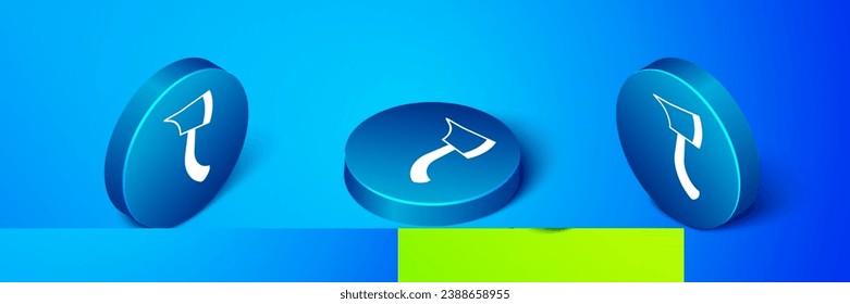 Isometric Firefighter ax icono aislado en fondo azul. Cera de fuego. Botón de círculo azul. Vector