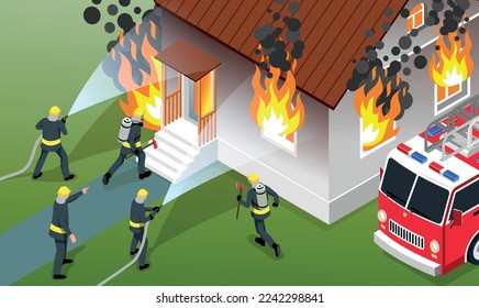 Isometric firefighter composition firemen with hoses in their hands run around and put out the fire vector illustration