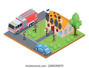 Isometrische Feuerwehrkomposition mit isolierter Außenansicht des Brennhauses mit Feuerwehrmannschaft, die Feuer löscht, Vektorgrafik