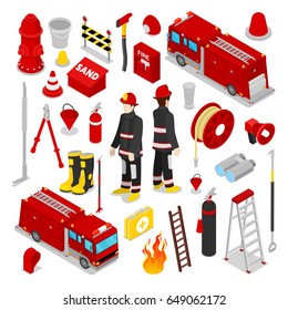 Isometric Firefighter. Fireman with Tank Truck and Equipment. Vector illustration