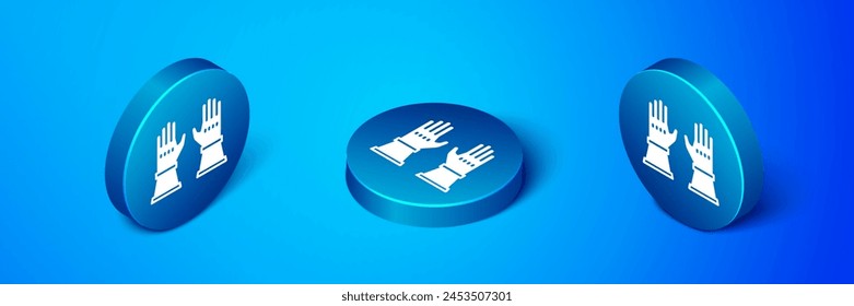 Isometric Firefighter gloves icon isolated on blue background. Protect gloves icon. Blue circle button. Vector