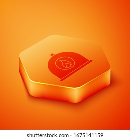 Isometric Firefighter helmet or fireman hat icon isolated on orange background. Orange hexagon button. Vector Illustration