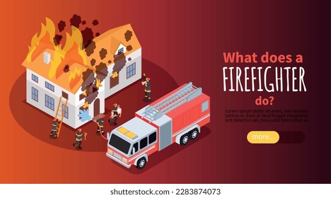 Isometric firefighter horizontal banner with view of burning house and fire crew with text and button vector illustration