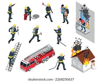 Isometric firefighter icon set various figures of firemen fire truck burning house vector illustration