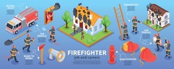 Isometric Firefighter Infographics With Fireman Career Images Icons Of Ammunition Equipment And Truck With Text Captions Vector Illustration