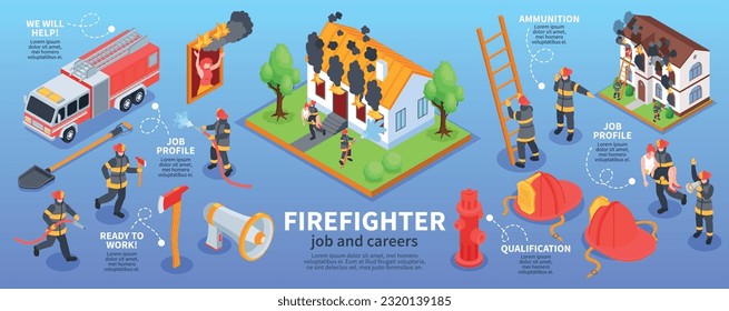 Isometric firefighter infographics with fireman career images icons of ammunition equipment and truck with text captions vector illustration