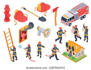 Isometric firefighter set of isolated icons with pieces of equipment firemen crew members and burning house vector illustration