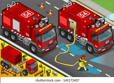 Isometric Firefighter Tank Truck in Front View. 