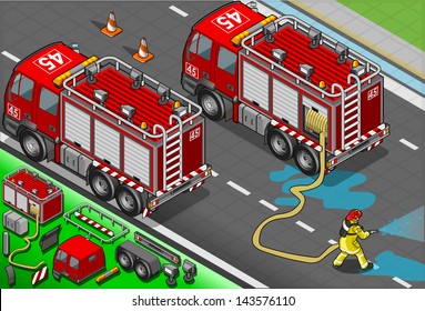 Isometric Firefighter and Truck in rear view. 