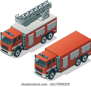 Isometric firefighter truck set - with and without crane