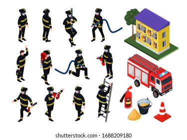 Isometric firefighter vector illustrations. Cartoon 3d people in uniform with firefighting hose equipment, fireman characters extinguish burning building, fire engine department set isolated on white