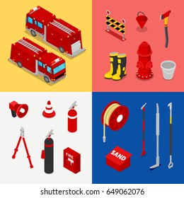 Isometric Fireman Equipment with Tank Truck and Hydrant. Vector illustration