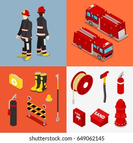 Isometric Fireman. Firefighter with Tank Truck and Equipment. Vector illustration