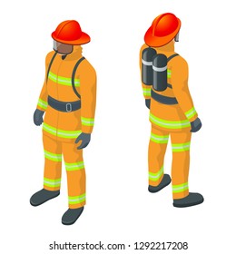 Isometric Fireman vector illustration. Under danger situation all firemen wearing firefighter suit for safety.