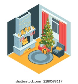 Isometric fireplace christmas composition with isolated view of decorated room new year tree and burning chimney vector illustration