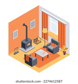 Isometric fireplace home composition with isolated view of living room with vintage style chimney with tube vector illustration