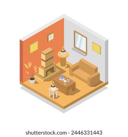 Sala de chimenea isométrica ilustrada en Vector