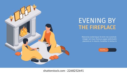 Isometric fireplaces horizontal banner with editable text slider more button and images of couple and chimney vector illustration