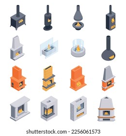 Isometric fireplaces set with isolated icons of different stoves with burning fire and various interior solutions vector illustration