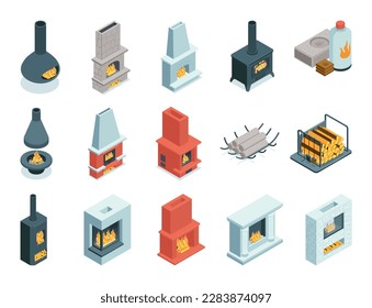 Isometric fireplaces set with isolated icons of vintage and modern style burning chimneys on blank background vector illustration