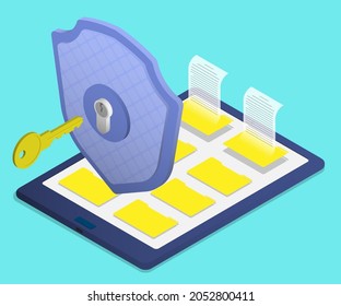 Isometric firewall shield with key protects digital tablet with archive of electronic documents. Key opens access to data on digital device. Realistic 3D vector
