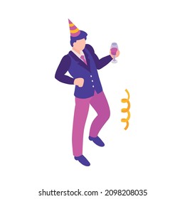 Isometric firework celebrating holiday composition with serpentine and male character with drink vector illustration