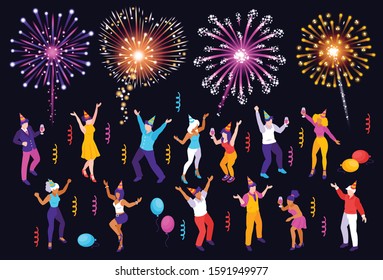 Isometric firework celebrating holiday set of isolated party people with serpentine stripes and colourful fireworks vector illustration