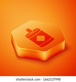 Isometric Firework icon isolated on orange background. Concept of fun party. Explosive pyrotechnic symbol. Orange hexagon button. Vector Illustration