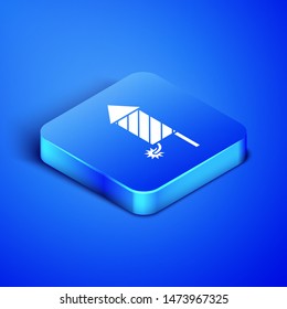 Isometric Firework rocket icon isolated on blue background. Concept of fun party. Explosive pyrotechnic symbol. Blue square button. Vector Illustration