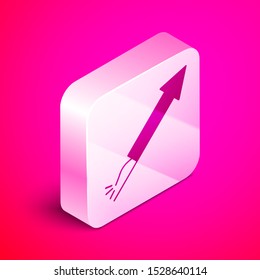 Isometric Firework rocket icon isolated on pink background. Concept of fun party. Explosive pyrotechnic symbol. Silver square button. Vector Illustration