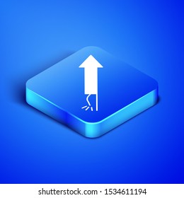 Isometric Firework rocket icon isolated on blue background. Concept of fun party. Explosive pyrotechnic symbol. Blue square button. Vector Illustration