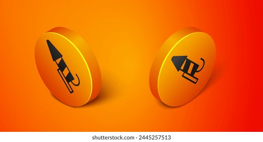 Isometric Firework rocket icon isolated on orange background. Concept of fun party. Explosive pyrotechnic symbol. Orange circle button. Vector