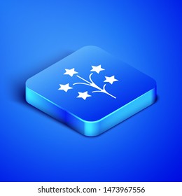 Isometric Fireworks icon isolated on blue background. Concept of fun party. Explosive pyrotechnic symbol. Blue square button. Vector Illustration